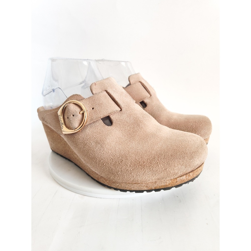 Papillio Birkenstock Clogs Wedge 39 8 Fanny Suede Sand Cork‎ Ring Buckle Comfort